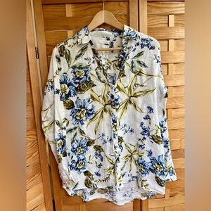 Joie White Blue Green Floral Linen Abalone Button Roll Tab Sleeve Tunic Top S